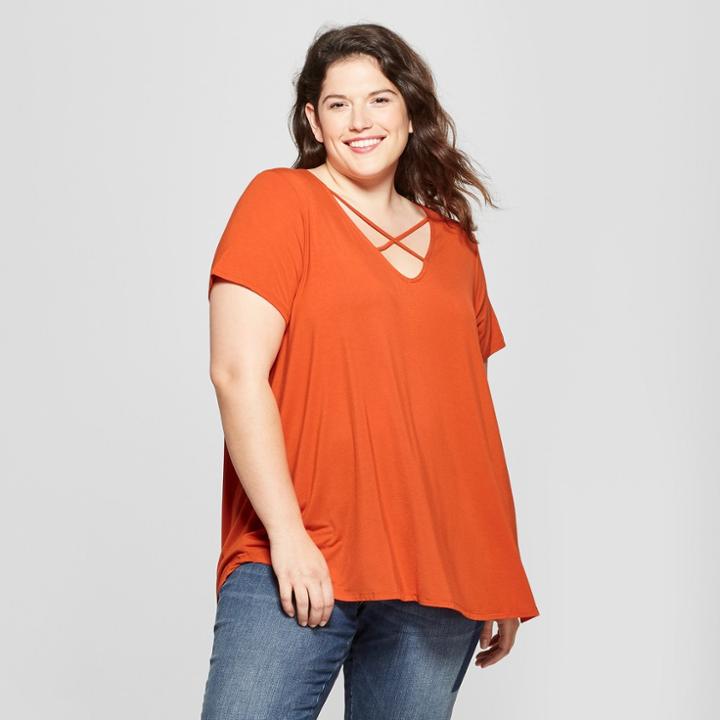 Women's Plus Size Cross Front Drapey Short Sleeve T-shirt - Ava & Viv Rust (red)