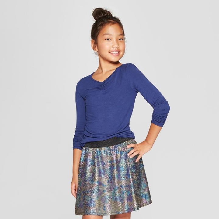 Girls' Long Sleeve Cinched Front T-shirt - Art Class Blue