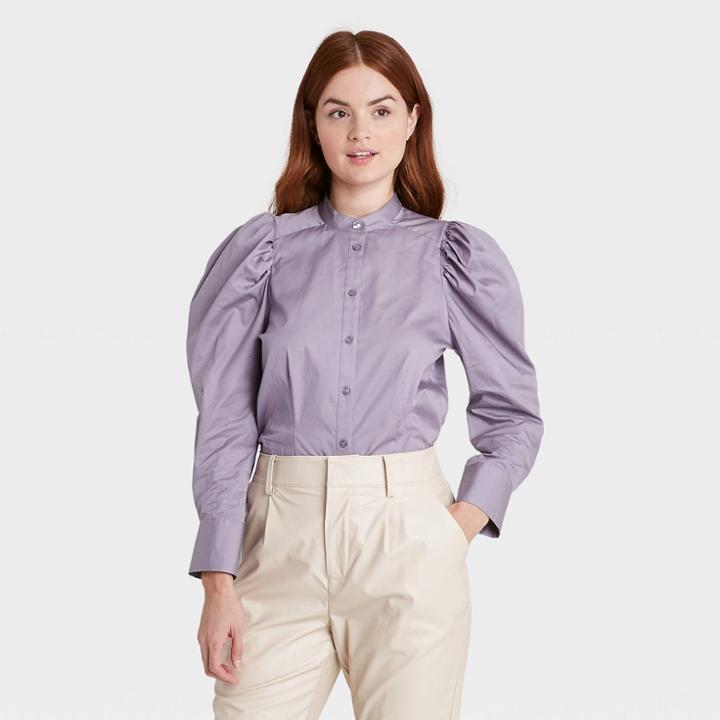 Women's Puff Long Sleeve Button-down Blouse - Prologue Purple