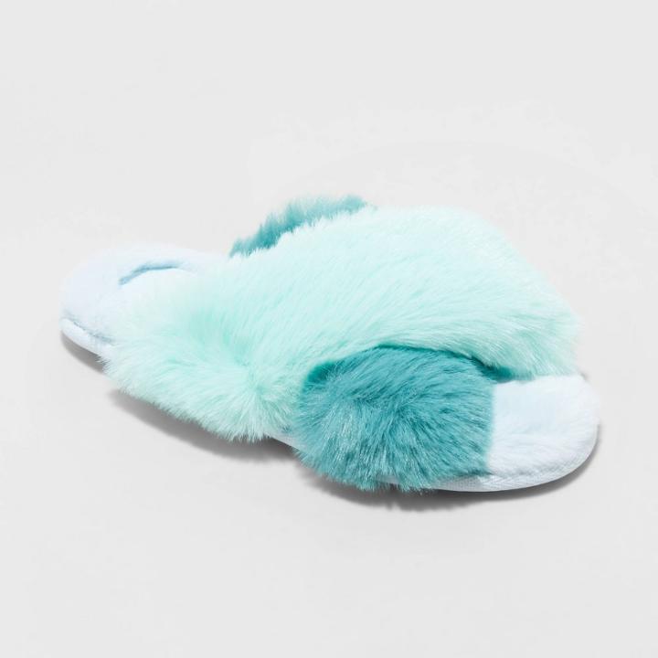 Women's Paris Crossband Fur Slide Slippers - Stars Above Teal Blue