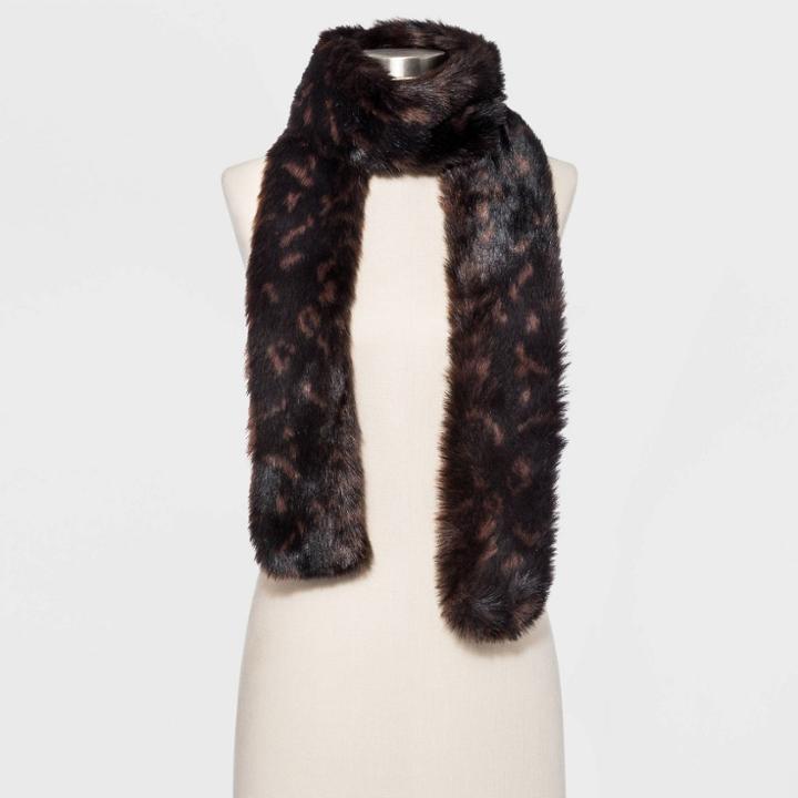 Women's Faux Fur Animal Print Oblong Scarf - A New Day Black One Size, Women's
