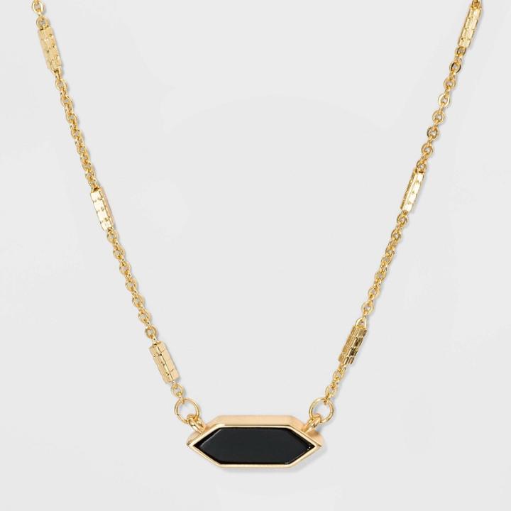 Boxed Hexagon With Onyx Semi-precious Stone Bar Necklace - A New Day Black, Women's
