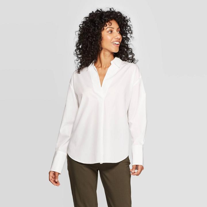 Women's Long Sleeve Collared Woven Top - A New Day White