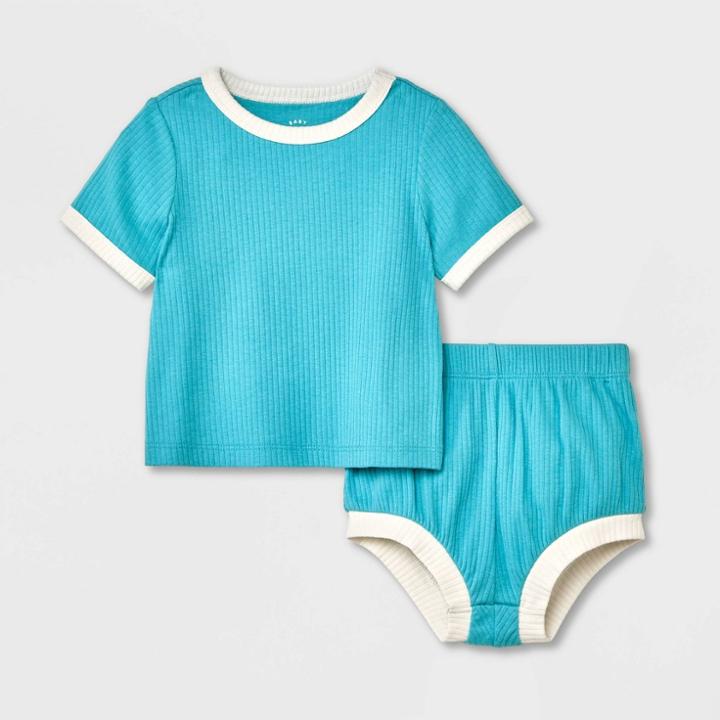 Baby Solid Short Sleeve Top & Shorts Set - Cat & Jack Turquoise Green Newborn
