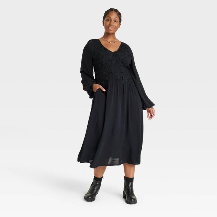 Women's Plus Size Balloon Long Sleeve Smocked Bodice Dress - Ava & Viv Black X