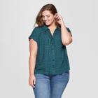 Women's Plus Size Floral Print Short Sleeve Button-down Top - Universal Thread Green