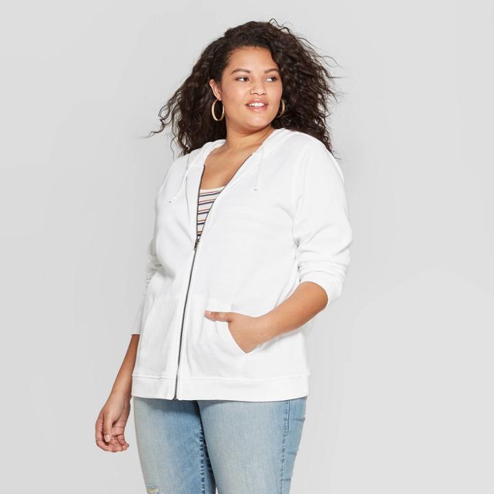 Women's Plus Size Long Sleeve Crewneck Zip-up Hoodie Sweatshirt - Universal Thread White