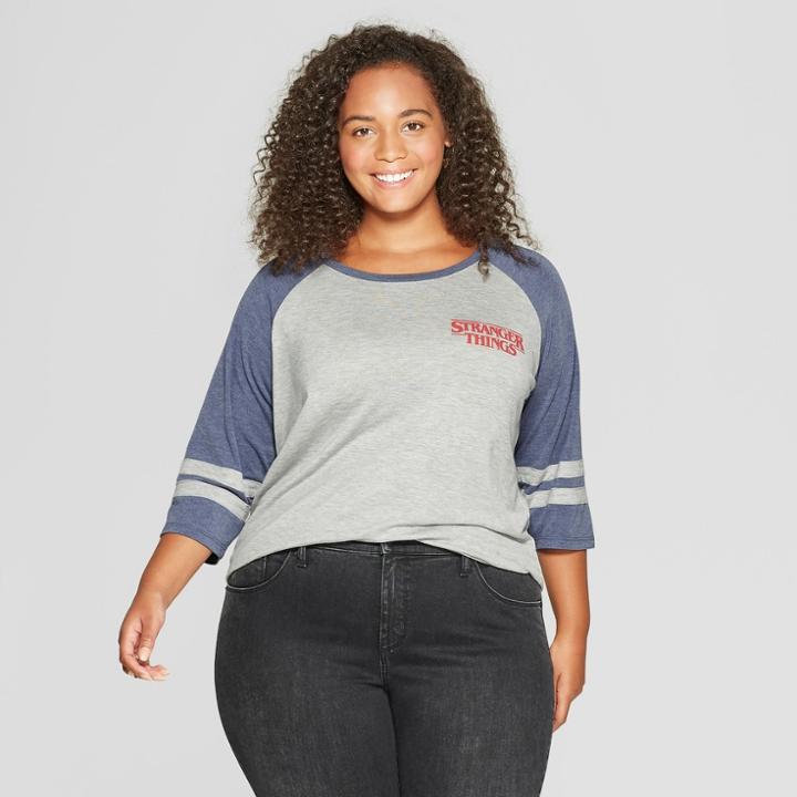 Women's Stranger Things 3/4 Sleeve Plus Size 2 Characters Raglan Graphic T-shirt (juniors') Gray/navy