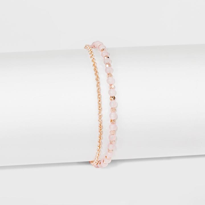 Silver Plated Rose Quartz Bead Pave Disc Bracelet - A New Day Gold
