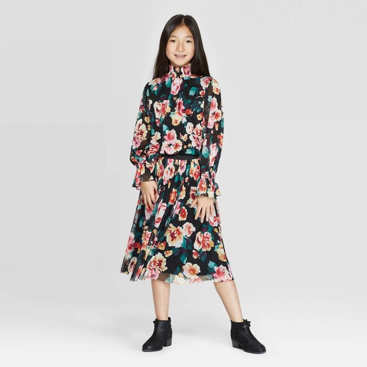 Girls' Long Sleeve Mesh Floral Ruffle Top - Art Class Black Xs, Girl's,