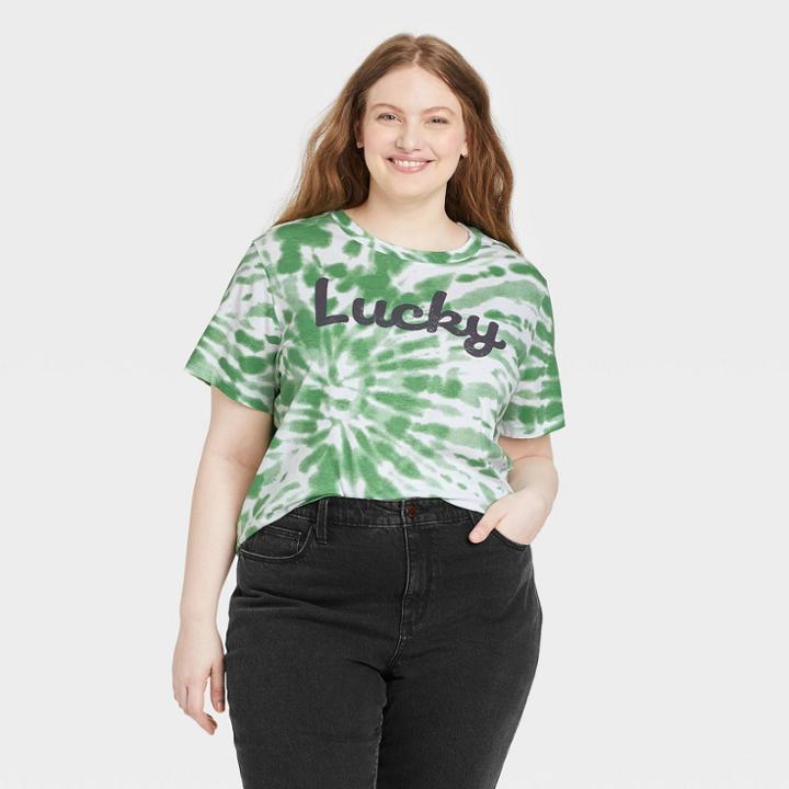 Grayson Threads Women's Plus Size St. Patrick's Day Lucky Short Sleeve Graphic T-shirt - Green Tie-dye