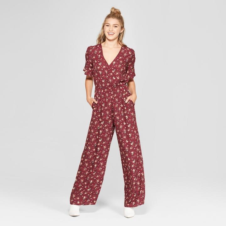 Women's Floral Print Short Sleeve Wrap Jumpsuit - Xhilaration Burgundy (red)