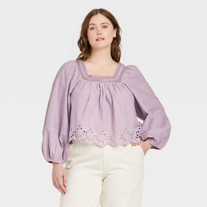 Women's Plus Size Balloon Long Sleeve Eyelet Blouse - Universal Thread Light Purple
