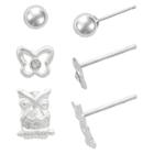 Target Owl, Butterfly And Round Stud Earrings Set Of 3 In Sterling Silver - 4mm, Girl's,