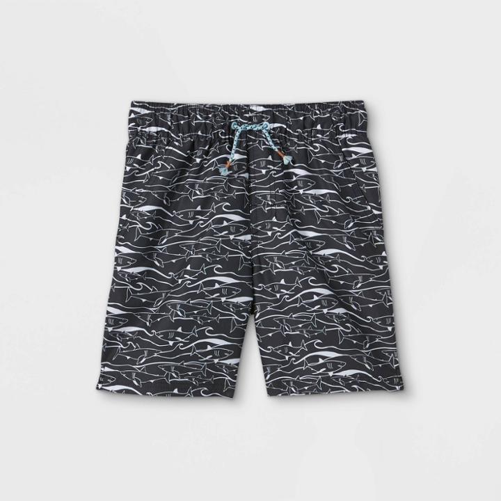 Boys' Shark Print Volley Pull-on Swim Trunks - Art Class Black