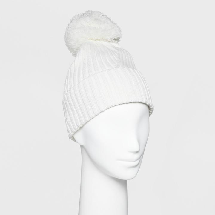 Women's Ribbed Cuff Pom Beanie - A New Day Cream (ivory)