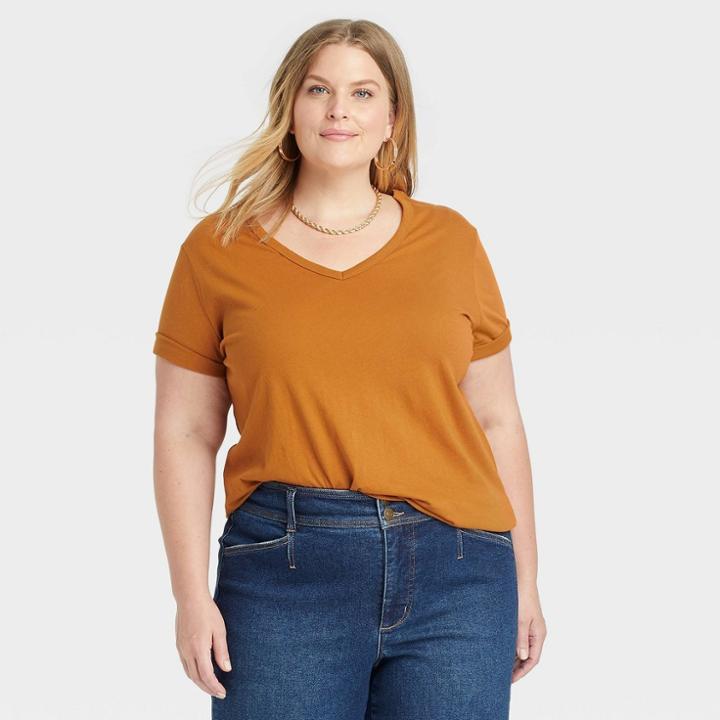 Women's Plus Size Short Sleeve V-neck Slim Fit Essential T-shirt - Ava & Viv Rust