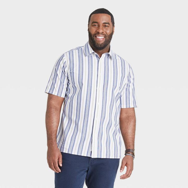 Men's Big & Tall Striped Standard Fit Textured Short Sleeve Button-down Shirt - Goodfellow & Co True White