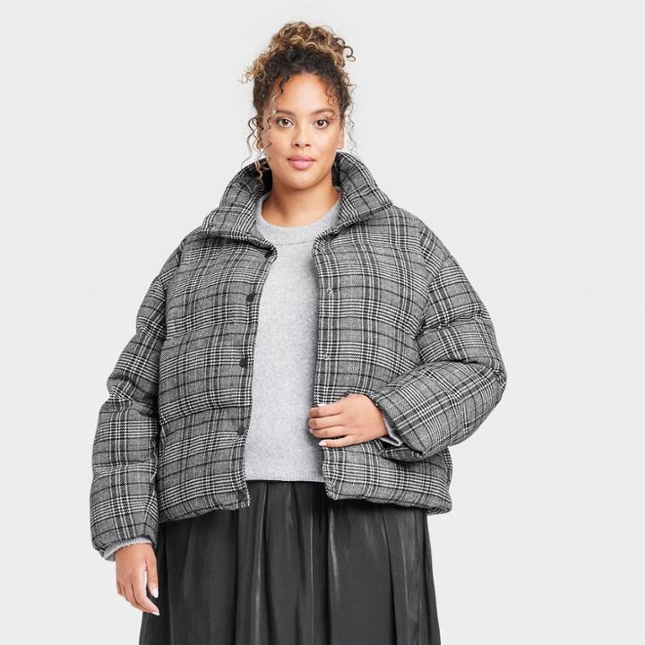 Women's Plus Size Faux Leather Puffer Jacket - A New Day Black Plaid