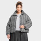 Women's Plus Size Faux Leather Puffer Jacket - A New Day Black Plaid