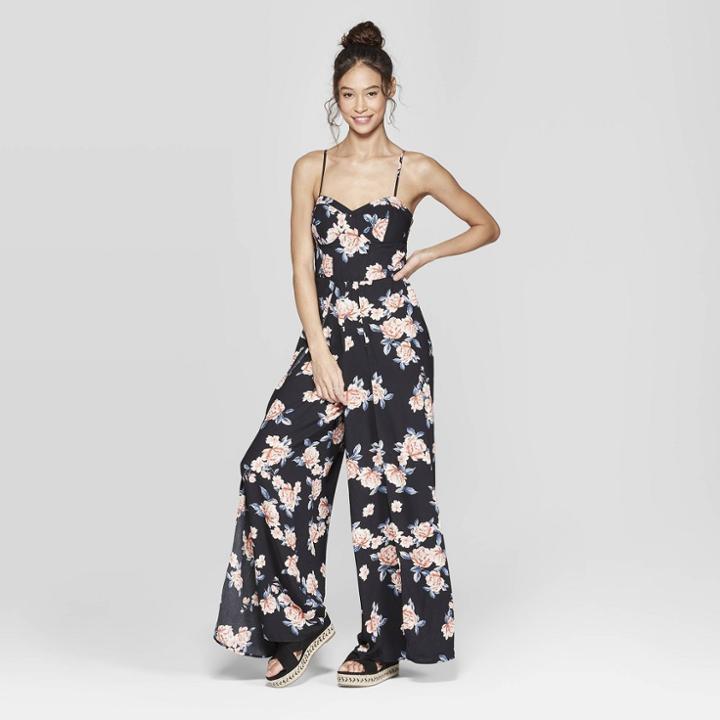 Women's Floral Print Strappy Bra Cup Jumpsuit - Xhilaration Black