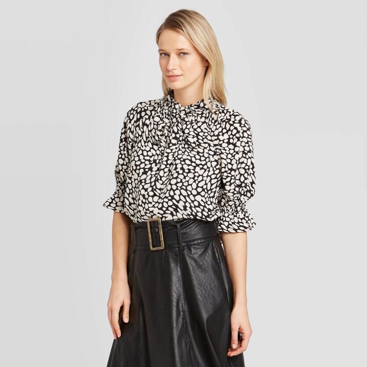 Women's Printed Elbow Sleeve High Neck Popover Blouse - Who What Wear Black