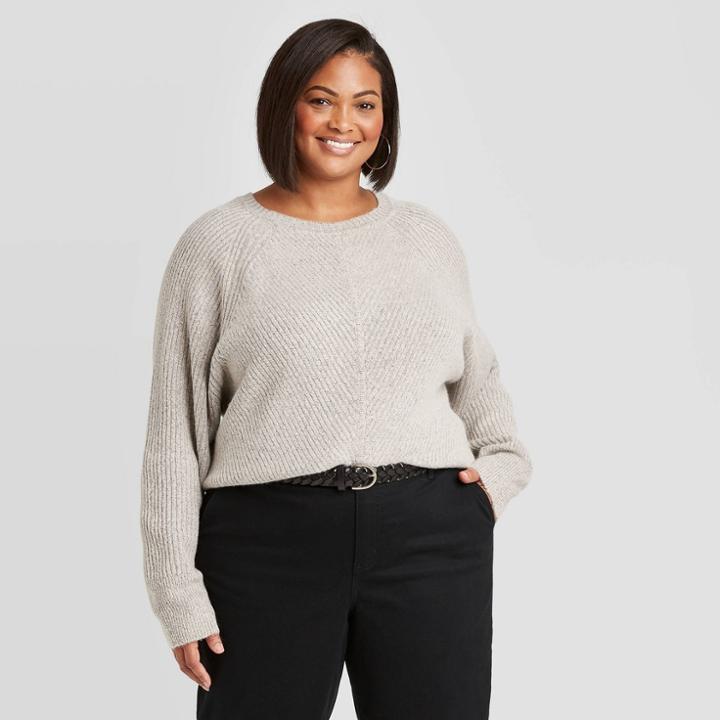 Women's Plus Size 3/4 Sleeve Crewneck Ribbed Pullover Sweater - Ava & Viv Gray X