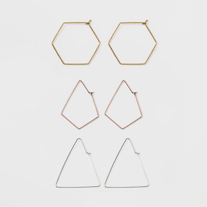 Target Three Pack Wire Hoop With Hexagon, Triangle And Diamond Earring Set,