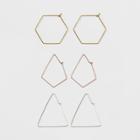 Target Three Pack Wire Hoop With Hexagon, Triangle And Diamond Earring Set,