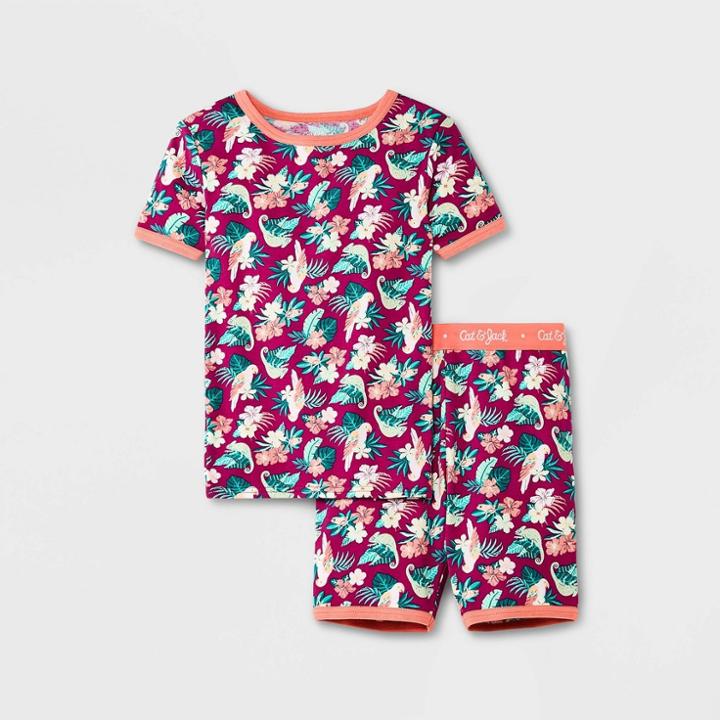 Girls' 2pc Bird Floral 100% Cotton Snug Fit Pajama Set - Cat & Jack Dark Red