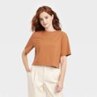 Women's Elbow Sleeve Boxy Cropped T-shirt - A New Day Brown
