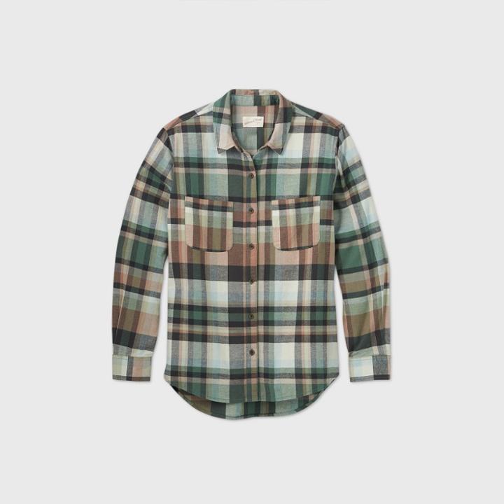 Women's Plaid Long Sleeve Button-down Flannel Shirt - Universal Thread Green