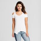 Women's Short Sleeve Cold Shoulder Shark Bite Hem T-shirt - Almost Famous (juniors') White