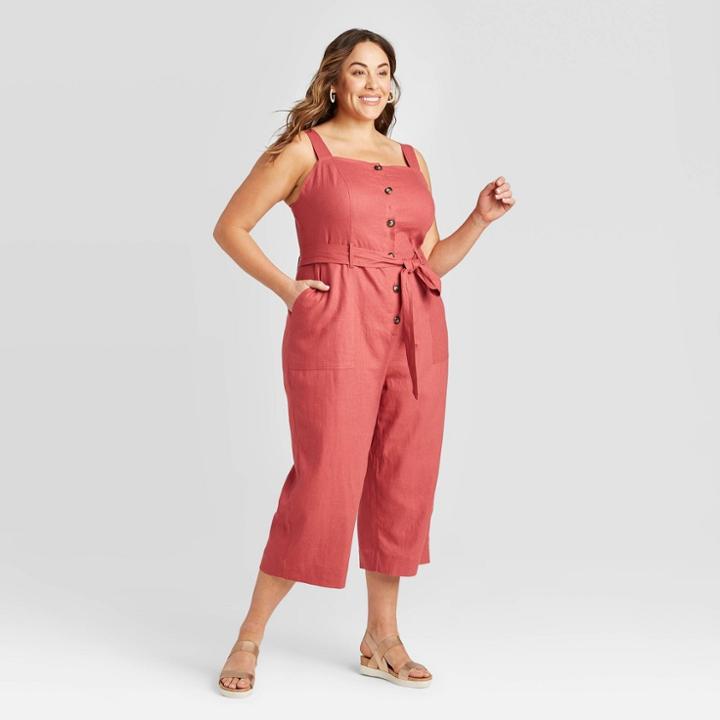 Women's Plus Size Sleeveless Square Neck Button-front Linen Jumpsuit - Ava & Viv Rust X, Women's, Red