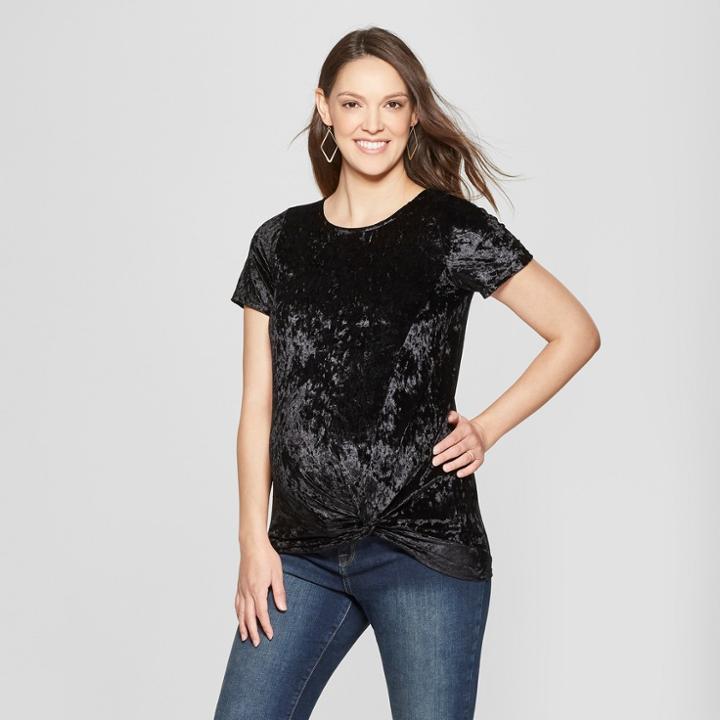Maternity Short Sleeve Knot Front Velvet Top - Macherie - Black S, Infant Girl's
