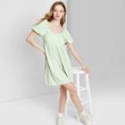 Women's Floral Print Puff Short Sleeve Round Neck Babydoll Mini Dress - Wild Fable Green