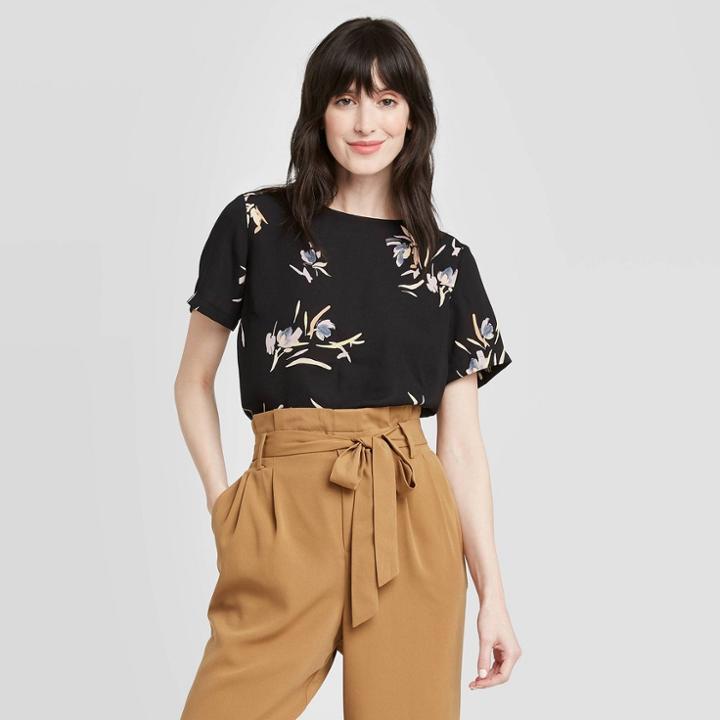 Women's Floral Print Short Sleeve Round Neck Satin T-shirt - A New Day Black