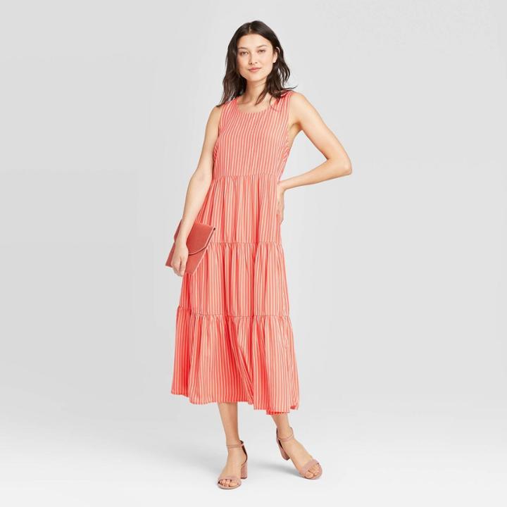 Women's Striped Sleeveless Tiered Dress - A New Day Coral Xs, Women's, Pink