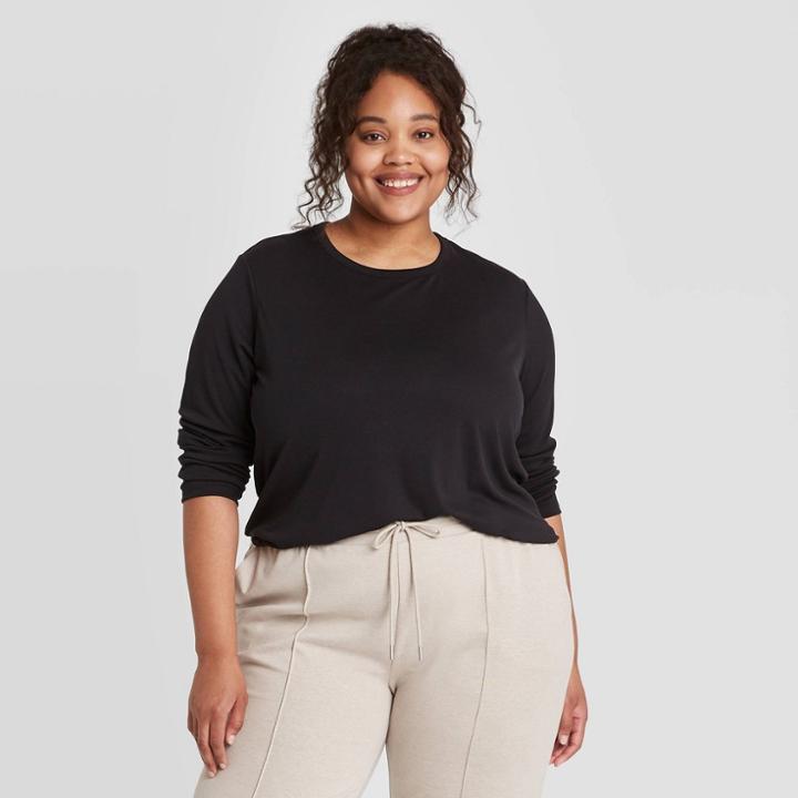 Women's Plus Size Long Sleeve Rib T-shirt - A New Day Black