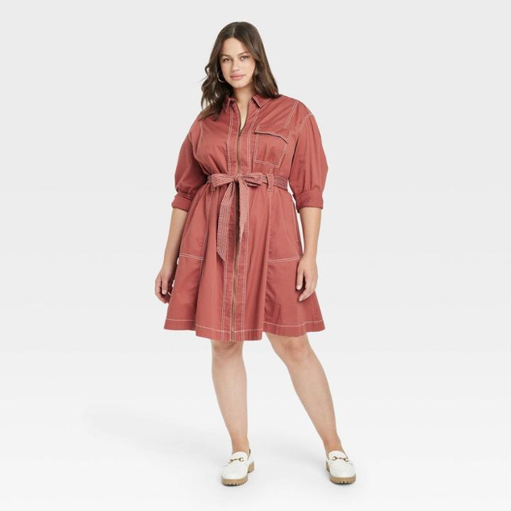 Women's Plus Size Long Sleeve Twill Dress - Ava & Viv Rust X, Red