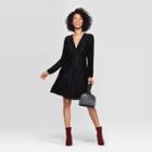 Women's Long Sleeve V-neck Velour A-line Dress - A New Day Black