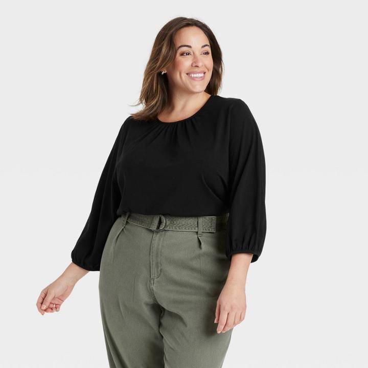 Women's Plus Size Bishop Long Sleeve T-shirt - A New Day Black