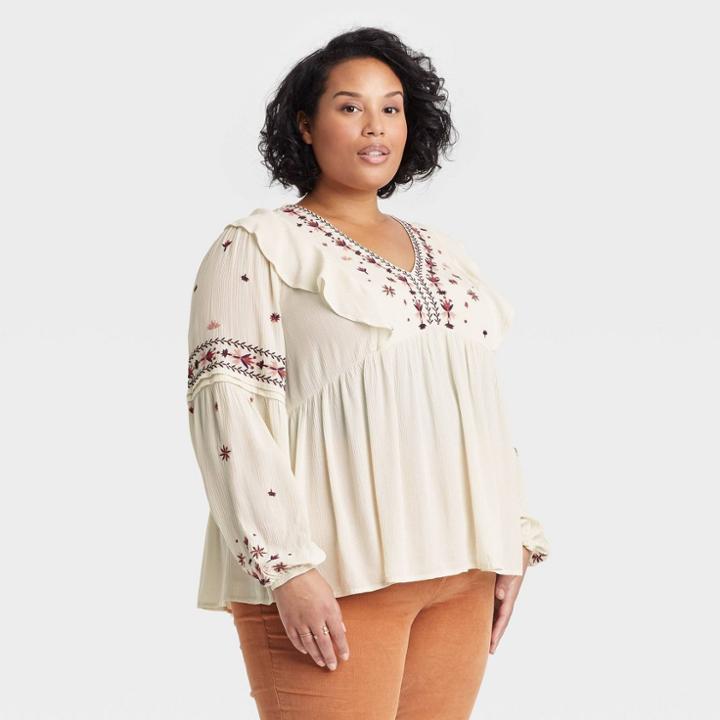 Women's Plus Size Ruffle Long Sleeve Embroidered Blouse - Knox Rose Ivory Floral