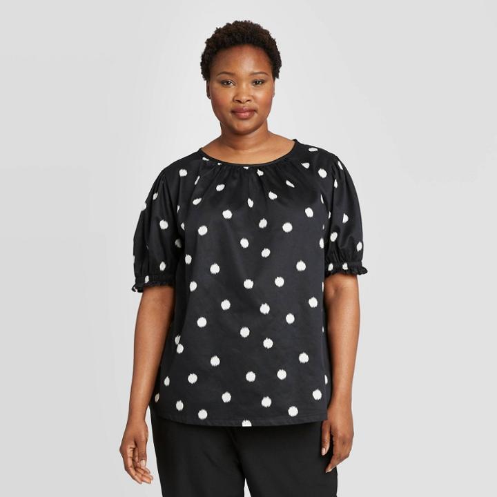 Women's Plus Size Polka Dot Short Sleeve Crewneck Poplin Top - Ava & Viv Black X, Women's