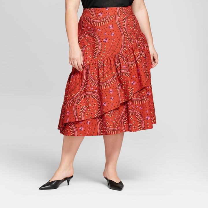 Women's Plus Size Floral Print Ruffle Wrap Skirt - Ava & Viv Rust