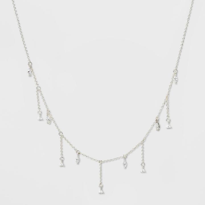 Drop Cubic Zirconia Stone With Delicate Fringe Chain Necklace - A New Day