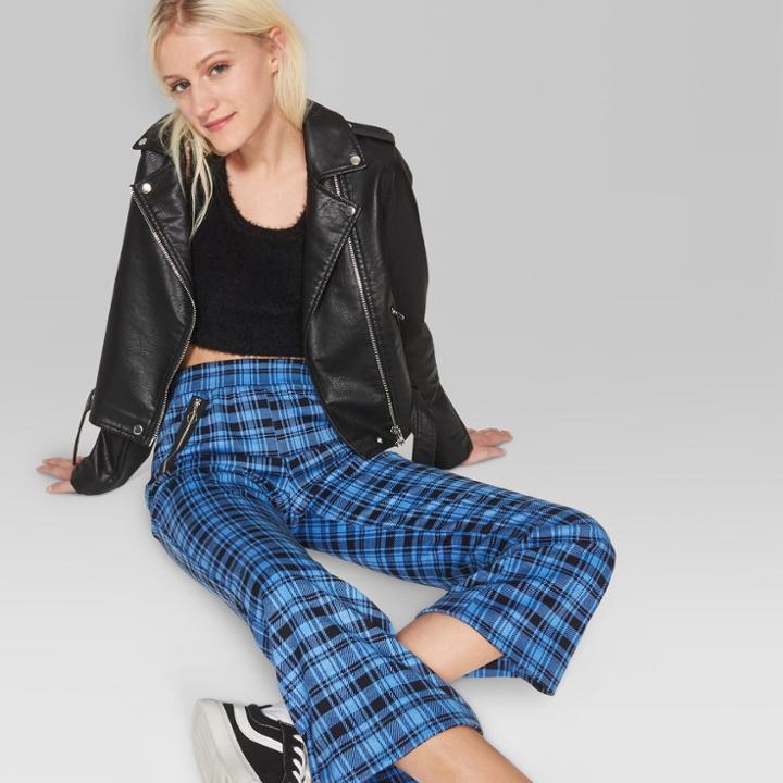 Women's Plaid High-rise Ankle Flare Pants - Wild Fable Blue