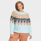Women's Plus Size Crewneck Sweater - A New Day Mint Green Fair Isle