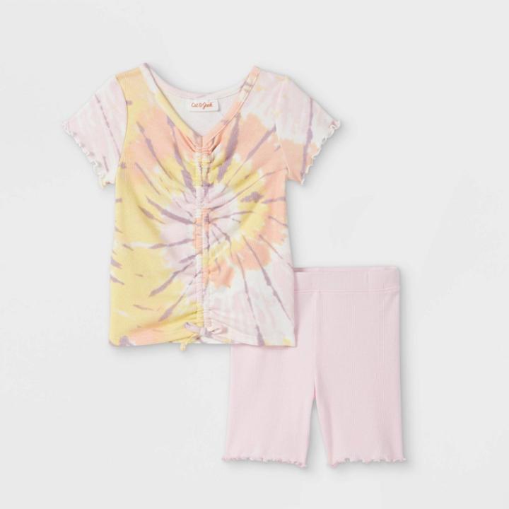 Toddler Girls' Ribbed Tie-dye Short Sleeve Top & Biker Shorts Set - Cat & Jack Pink