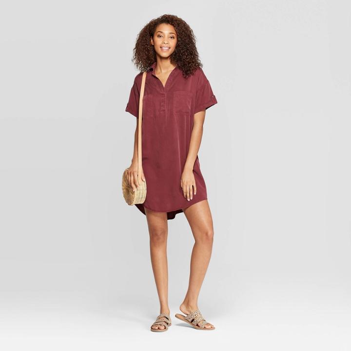 Women's Short Sleeve Collared At Knee Shirtdress - Universal Thread Burgundy (red)